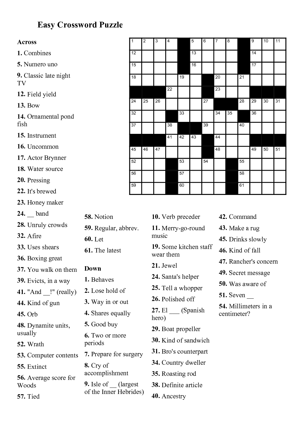 Free Downloadable Printable Crossword Puzzles | Printable Crossword