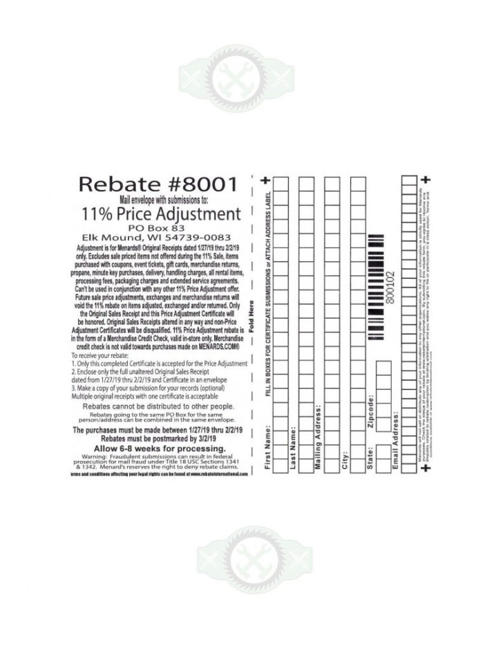 Menards 11 Price Adjustment Rebate 8001 Purchases 1 27 | Printable ...